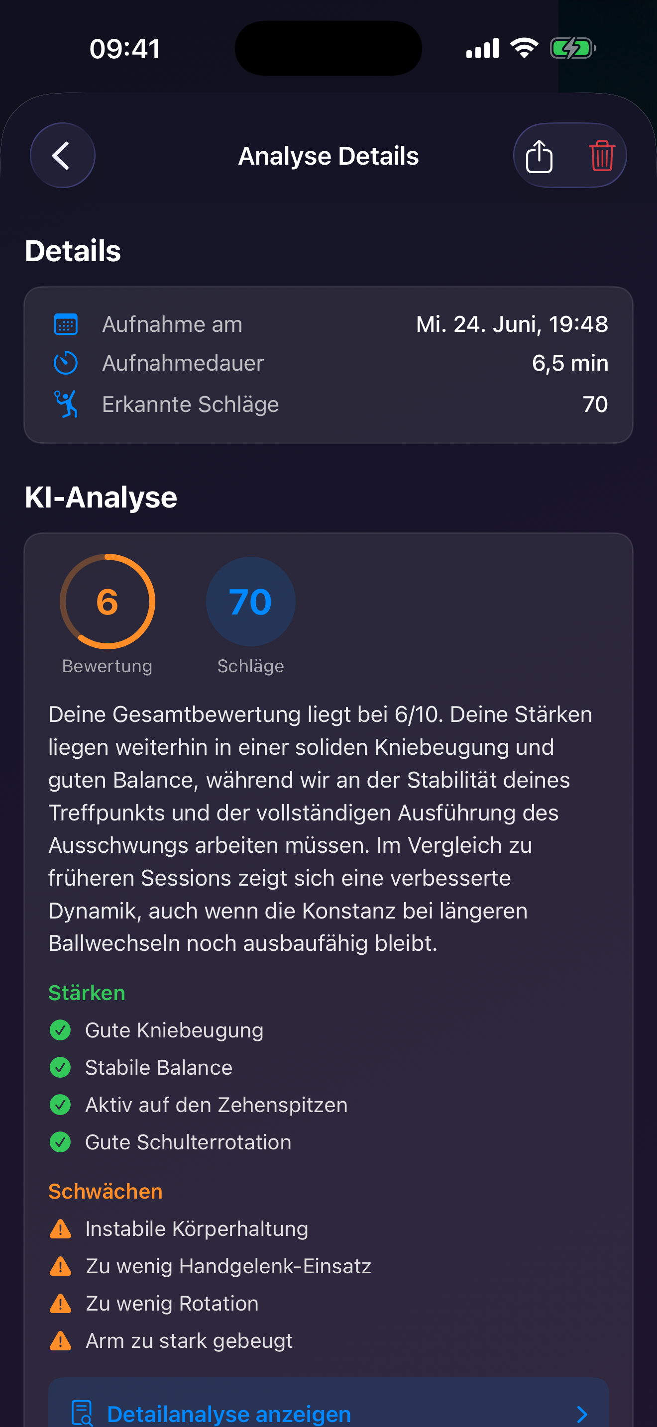 TennisFlow Analyseübersicht (oben)