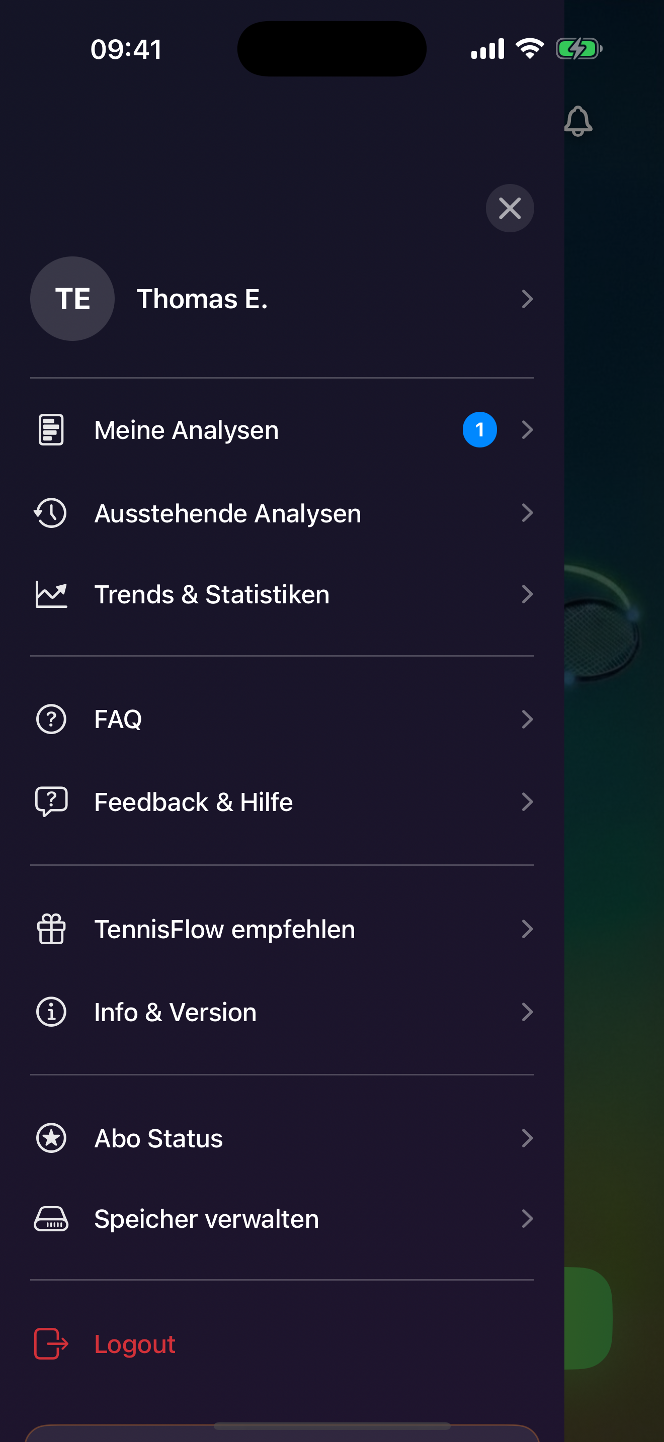 TennisFlow Hauptmenü