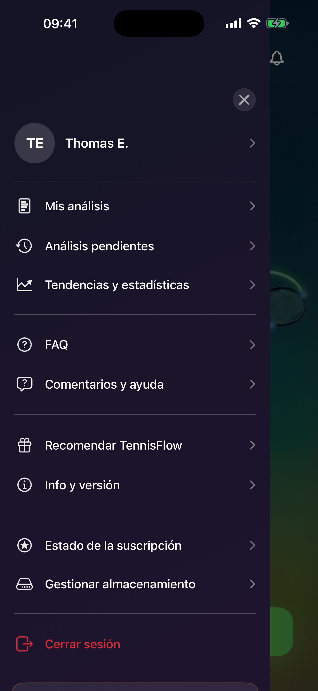 Menú principal de TennisFlow