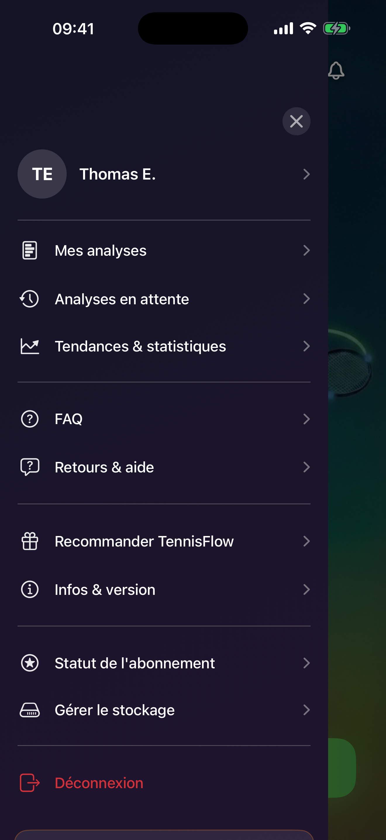 Menu principal de TennisFlow