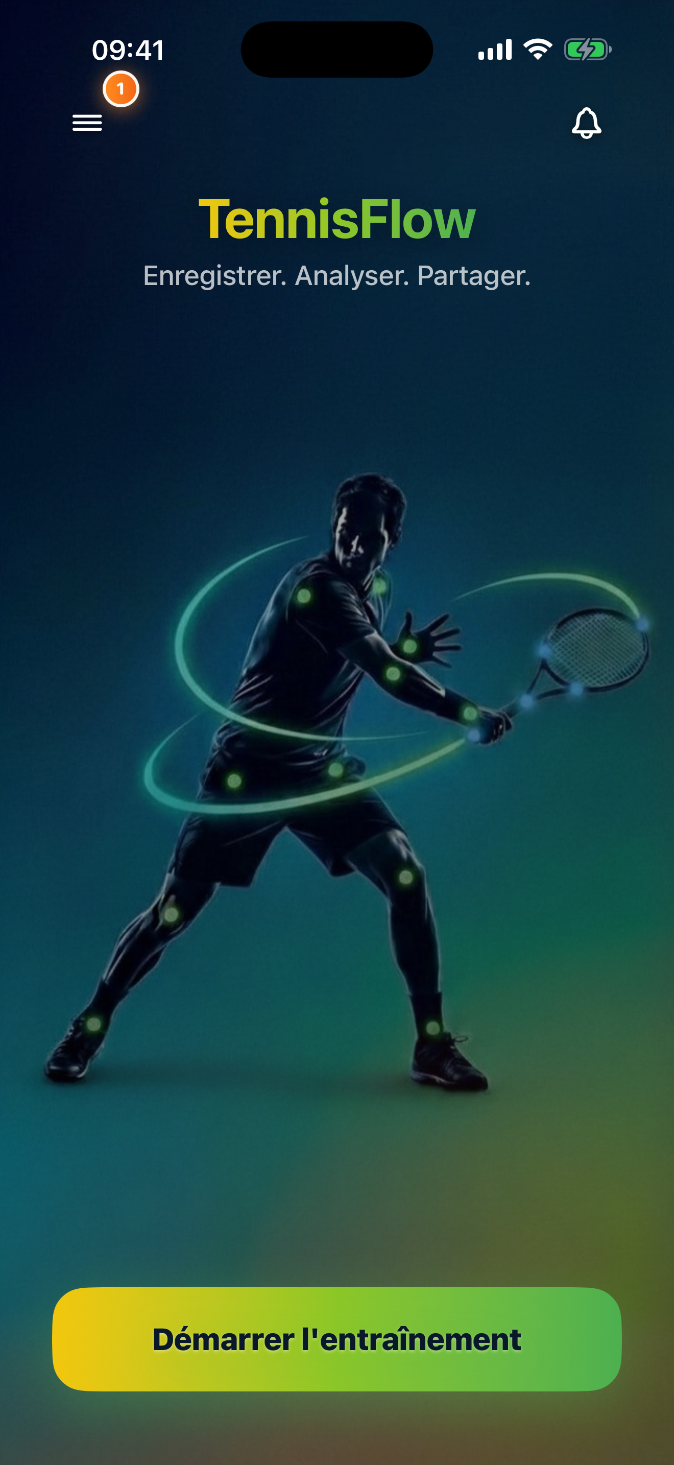 Écran d'accueil de TennisFlow