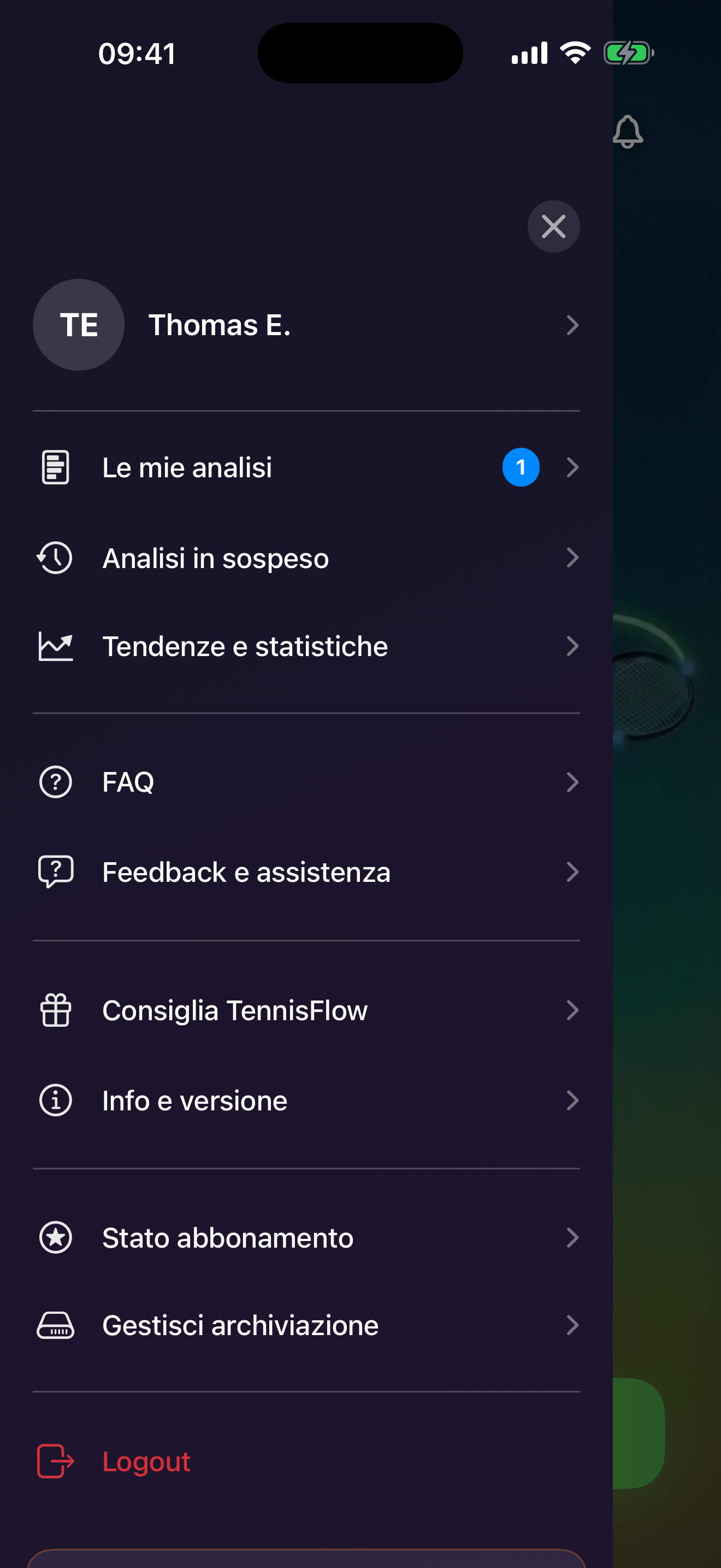 Menu principale di TennisFlow